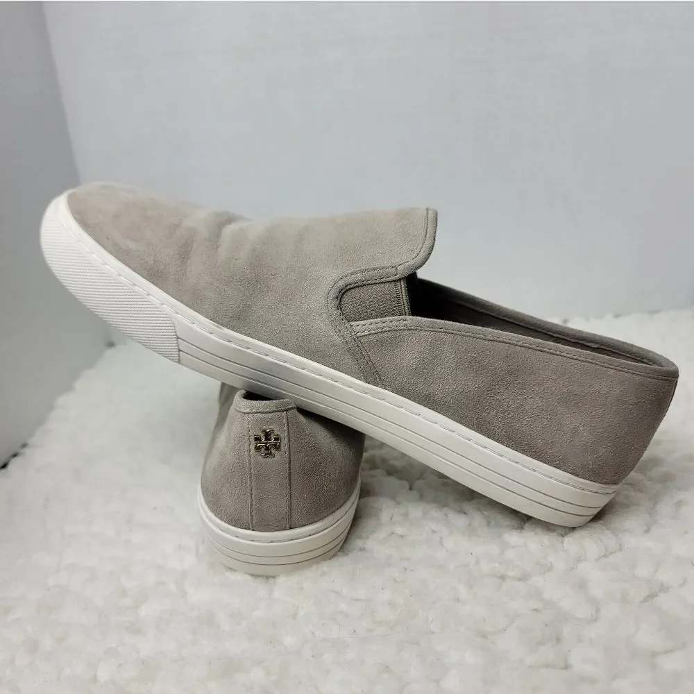 Tory Burch Jesse Slip-On  Sneaker Size 10.5   Gray Suede Gold Logo Back Shoes